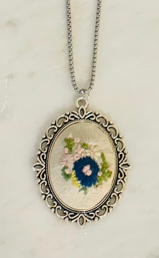 Hand Embroidered Floral Vintage Style Pendant Necklace
